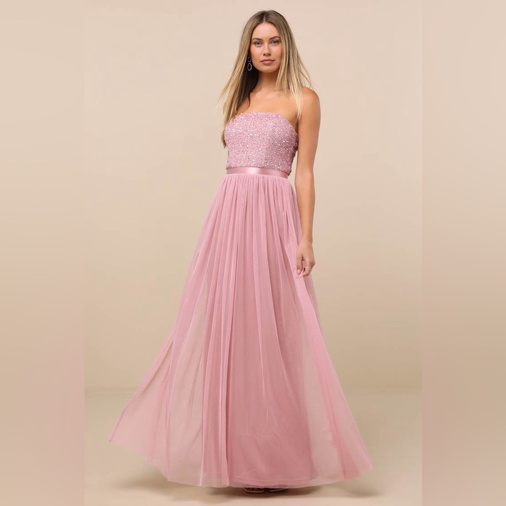 NWT Lulus Lonica Mauve Sequin Beaded Strapless Maxi Dress